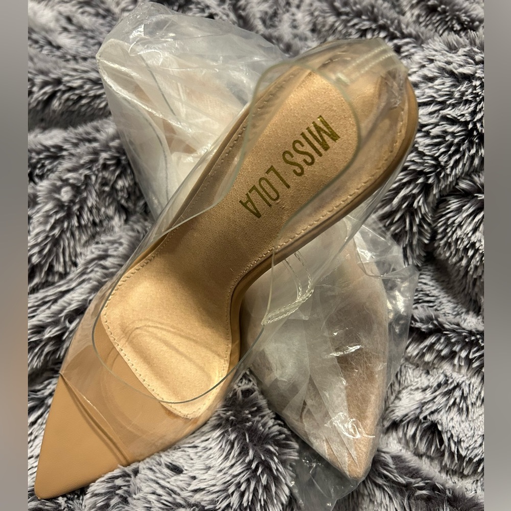 Miss Lola size 6 tan/cream/clear heels